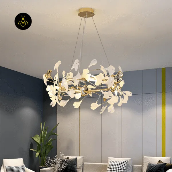 Ginkgo leaf chandelier over a dining table in a modern living room