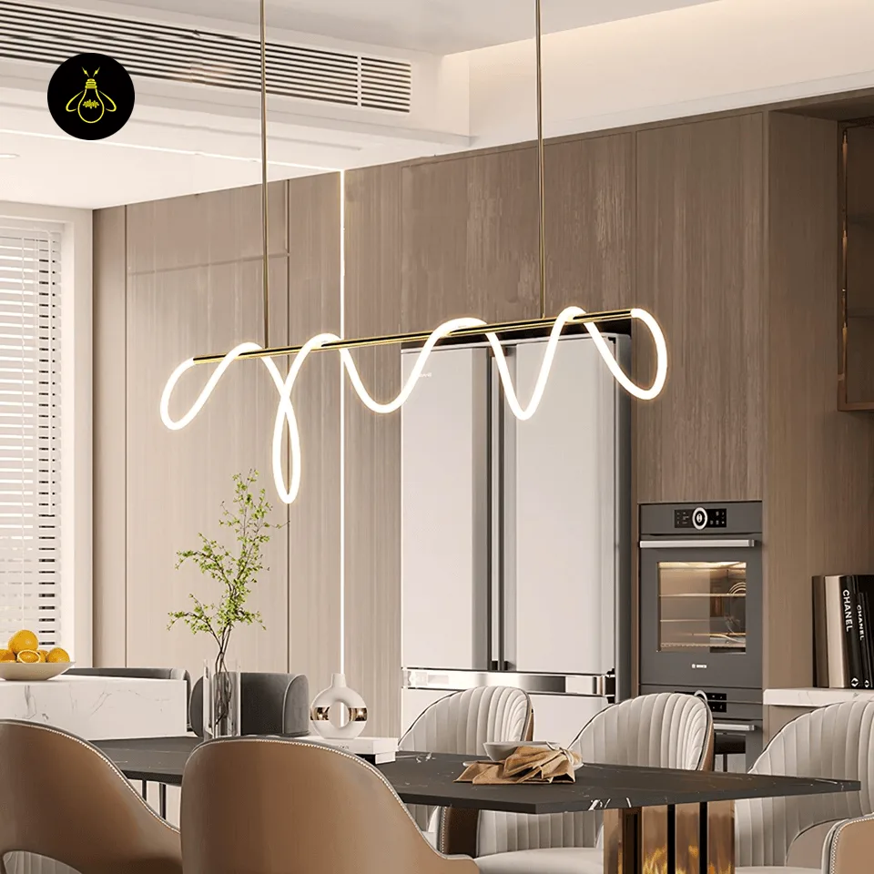 Linear LED Chandelier – 150 cm Gold Silicone Ribbon Light, Adjustable Height 6 Linear LED chandelier over a dining table in a modern room