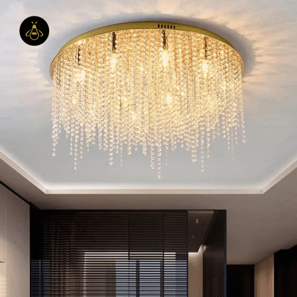 Crystal chandelier for a kitchen with cascading crystals