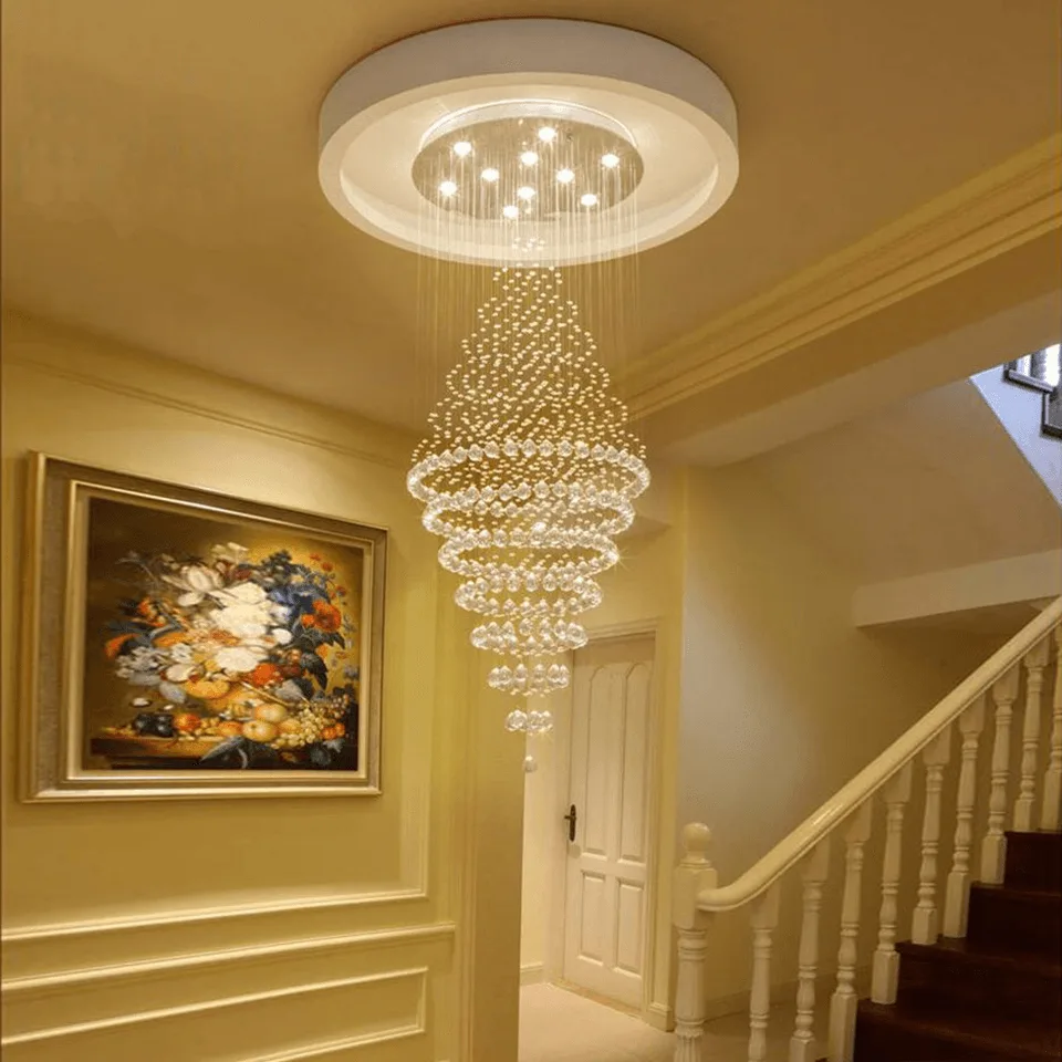 Long Crystal Chandelier – K9 Raindrop Funnel for Staircase & Foyer, 6 Sizes 4 Long crystal chandelier installed in a staircase and foyer setting