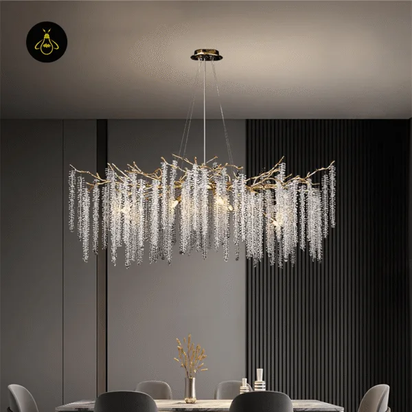 Wisteria crystal chandelier over a modern dining table — 120 cm linear branch light