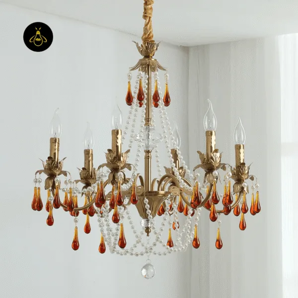 Gold amber crystal chandelier with pearl bead swags for living and dining rooms
