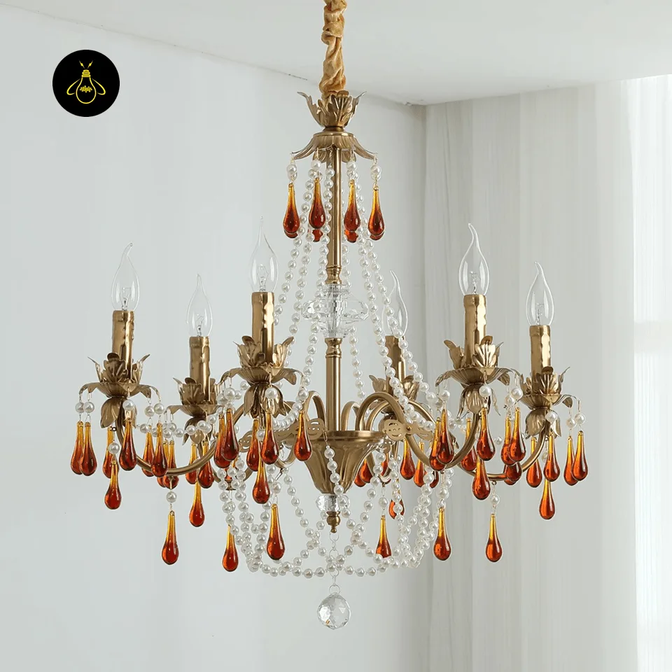 Amber Crystal Chandelier – Gold 80 cm Candelabra Centrepiece 2 Gold amber crystal chandelier with pearl bead swags for living and dining rooms