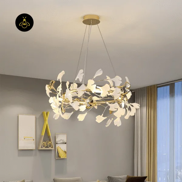 Ceramic ginkgo leaf chandelier as a centrepiece in a modern living room