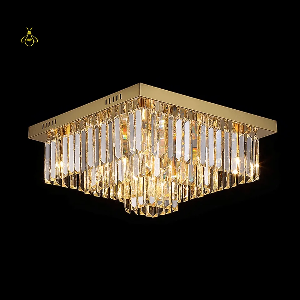 Rectangular Crystal Chandelier – Satin Gold 2-Tier Eternal Shine 10 Satin gold crystal chandelier installed in a modern living room