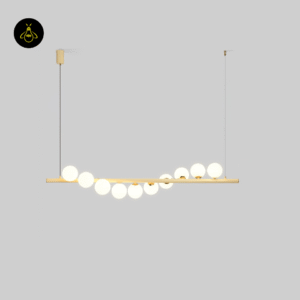 Linear glass ball chandelier suspended in a modern living room