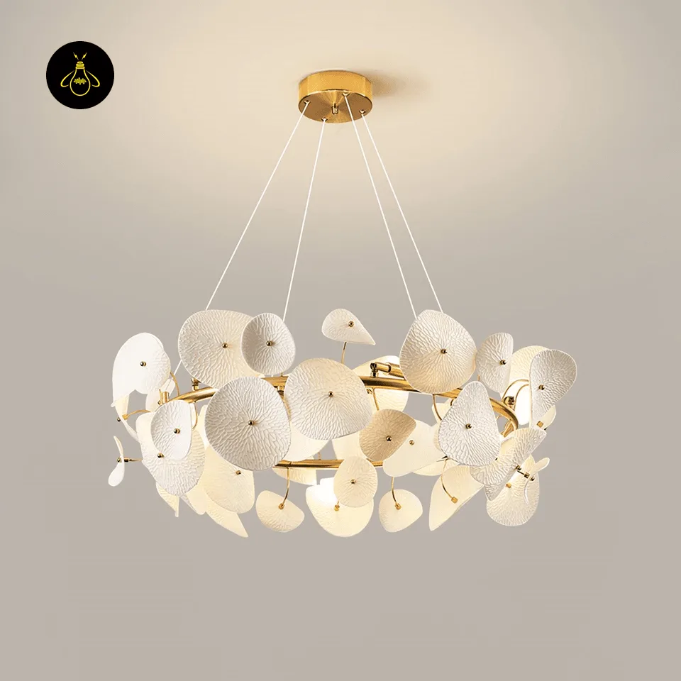 Lotus Chandelier – 80 cm White Ceramic Petal Ring for Living & Dining Rooms 5 White ceramic lotus chandelier studio view with gold branch stems and petals