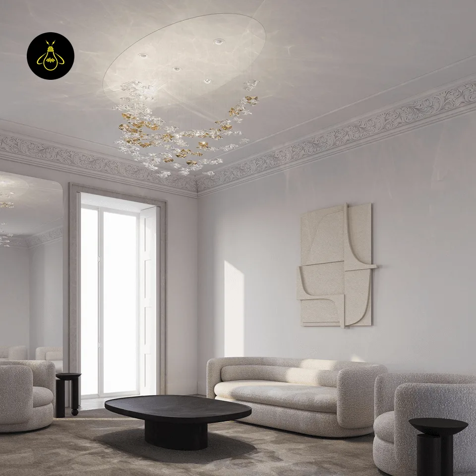 Wave Chandelier with 69 Cascading Glass Leaves – Ø75 cm Integrated LED, for Living & Dining Rooms 9 Cascading wave chandelier installed in a modern living room with a high ceiling