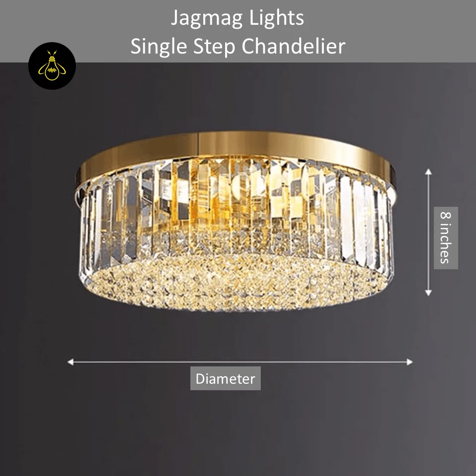 Crystal Ceiling Chandelier – Round Flush-Mount K9, 6 Sizes 13 Single-step gold crystal ceiling chandelier, 8-inch low-profile flush mount