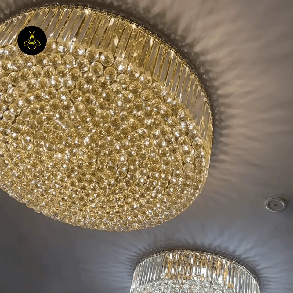 Crystal Ceiling Chandelier – Round Flush-Mount K9, 6 Sizes 14 Gold crystal ceiling chandelier glowing warm with concealed E14 bulbs