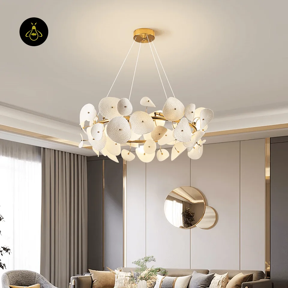 Lotus Chandelier – 80 cm White Ceramic Petal Ring for Living & Dining Rooms 6 Lotus chandelier with warm G9 glow installed in a modern living room