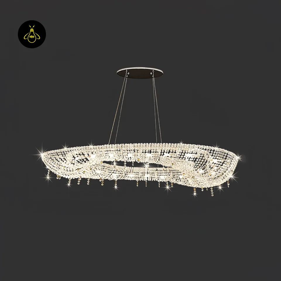 Linear Crystal Chandelier – 165 cm K9 Crystal, Chrome Finish, for Dining Room 9 Linear crystal dining room chandelier shown with warm decorative bulbs
