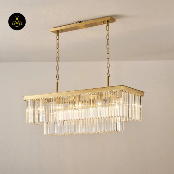 Round crystal chandelier with warm G9 bulbs giving ambient living-room light