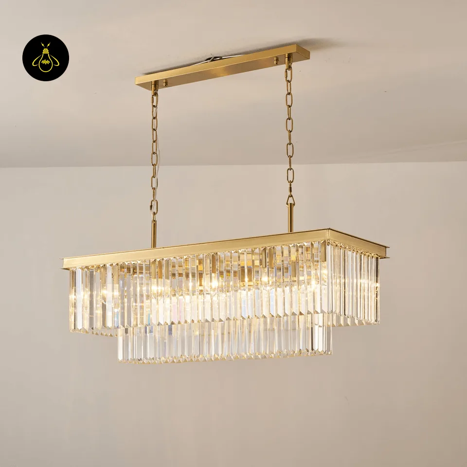 Rectangular Crystal Chandelier – Satin Gold 2-Tier Eternal Shine 11 Round crystal chandelier with warm G9 bulbs giving ambient living-room light