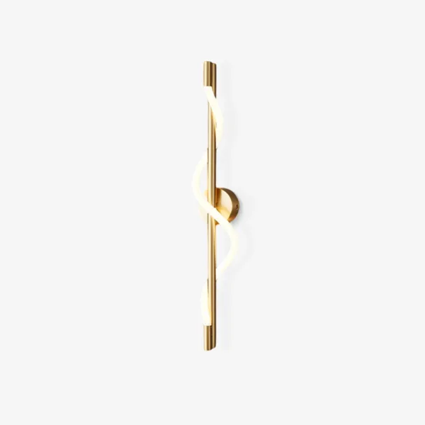 Linear wall light in brushed gold stainless steel with a white spiral LED band, front view on a white background