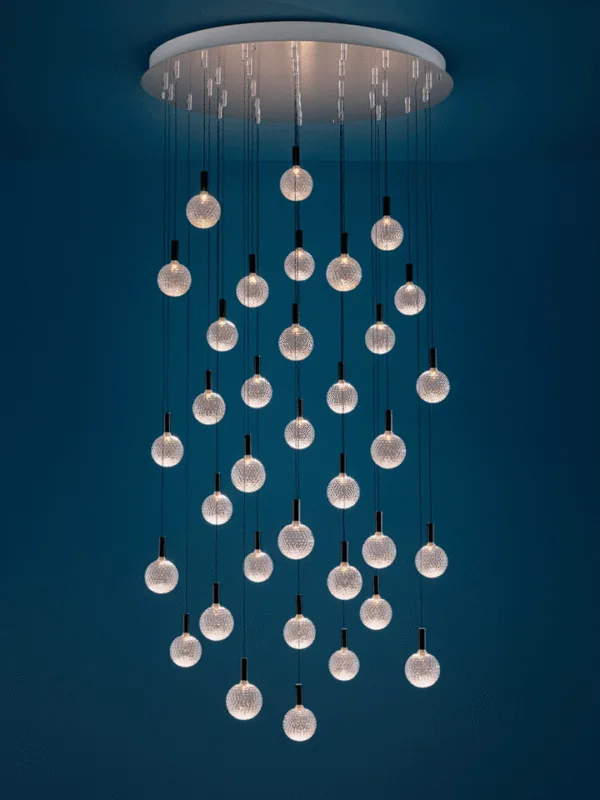 Jagmag glass sphere chandelier with 78 cm satin-steel base and nickel connectors
