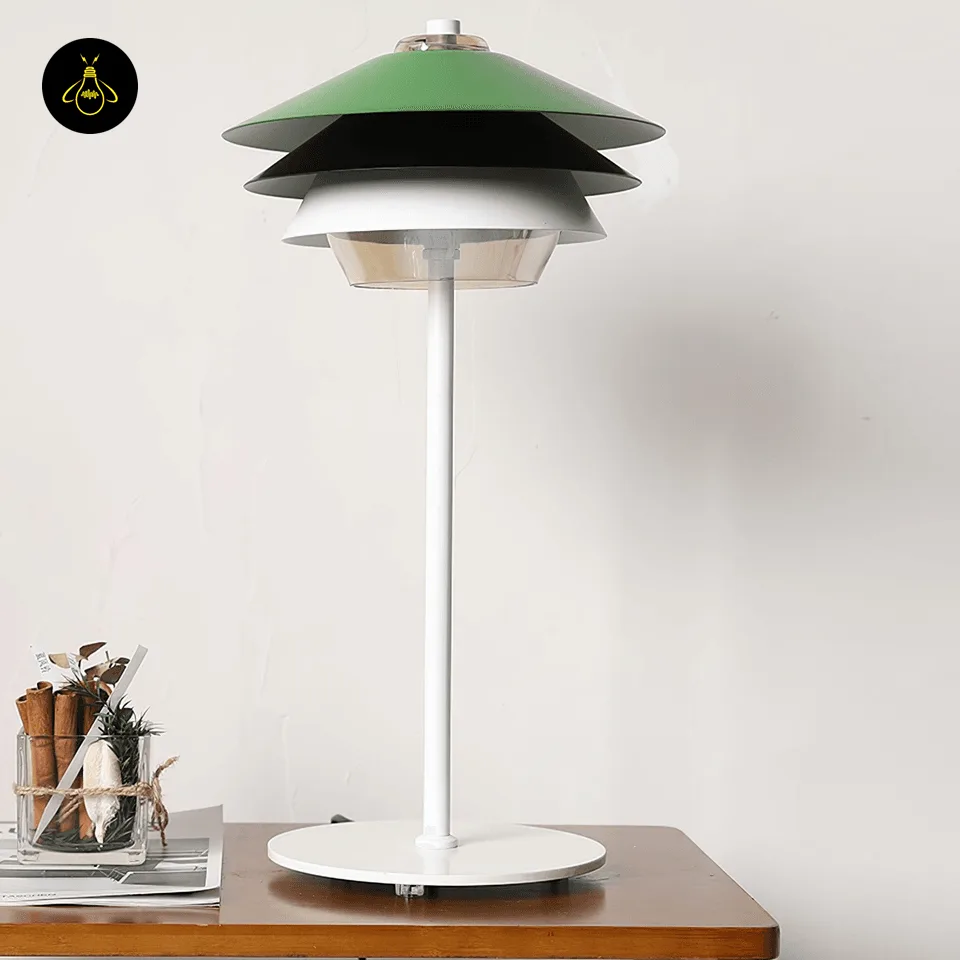 Green Overlay Table Lamp – Layered 54 cm Glass Diffuser Light 4 Close view of green overlay table lamp layered metal reflectors and clear glass diffuser