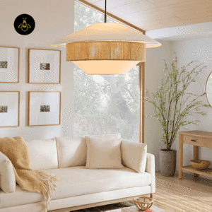 Japanese pendant light giving warm diffused light over a sofa in a natural living room