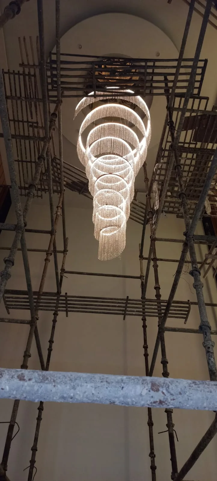 Clubhouse Temple Chandelier Project at SKA Divya Towers: One Society, Two Moods 5 LED spiral chandelier with crystal beads at SKA Divya Towers
