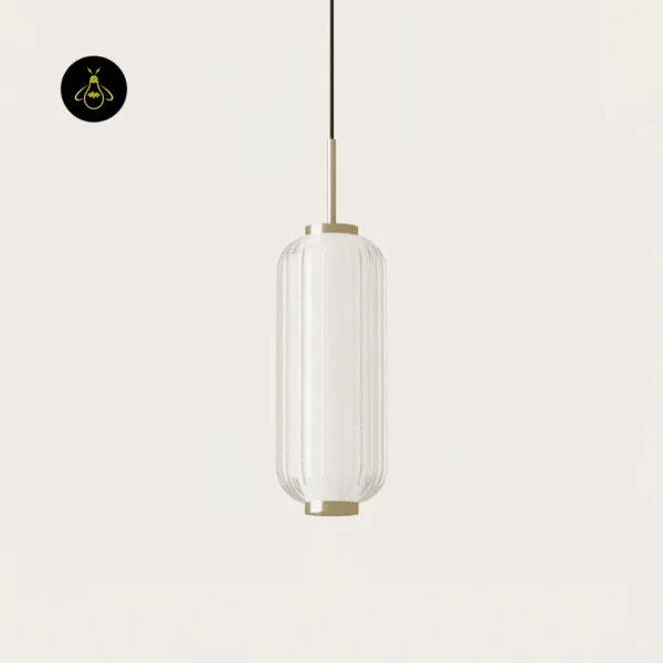 Small cylinder pendant light in clear ribbed borosilicate glass with a warm white glow and gold-finish rod