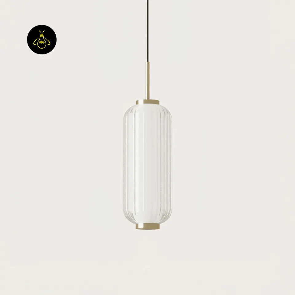 Linear Glass Pendant Light – Ribbed Gold Cylinder, 3 Sizes (31–94 cm) 9 Warm-white LED linear glass pendant light with a diffused gold glass glow