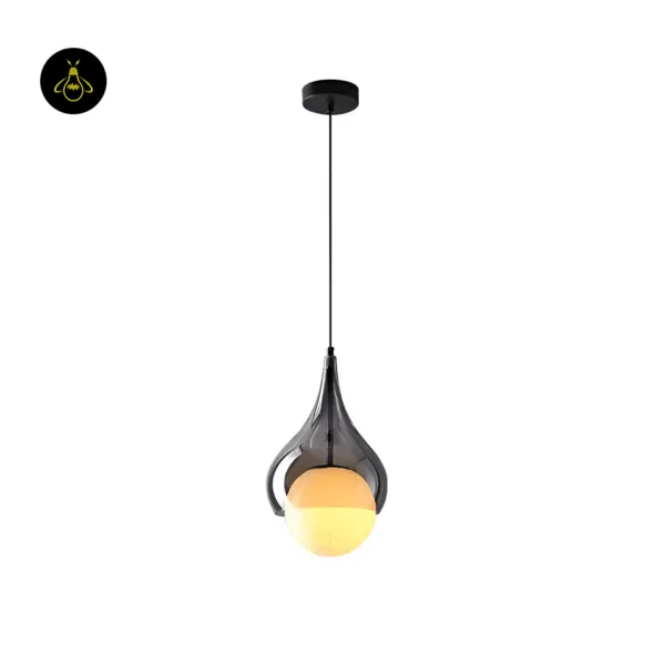 Hanging bedside light with smoked glass teardrop, opal globe, black wire and round matte black stainless steel canopy