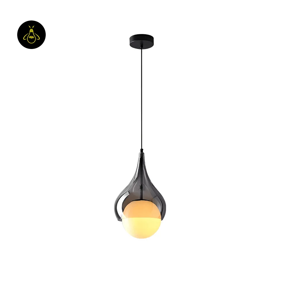 Smoked Glass Teardrop Pendant Light – 20 cm Hanging Bedside Light with Opal Globe 8 Hanging bedside light with smoked glass teardrop, opal globe, black wire and round matte black stainless steel canopy