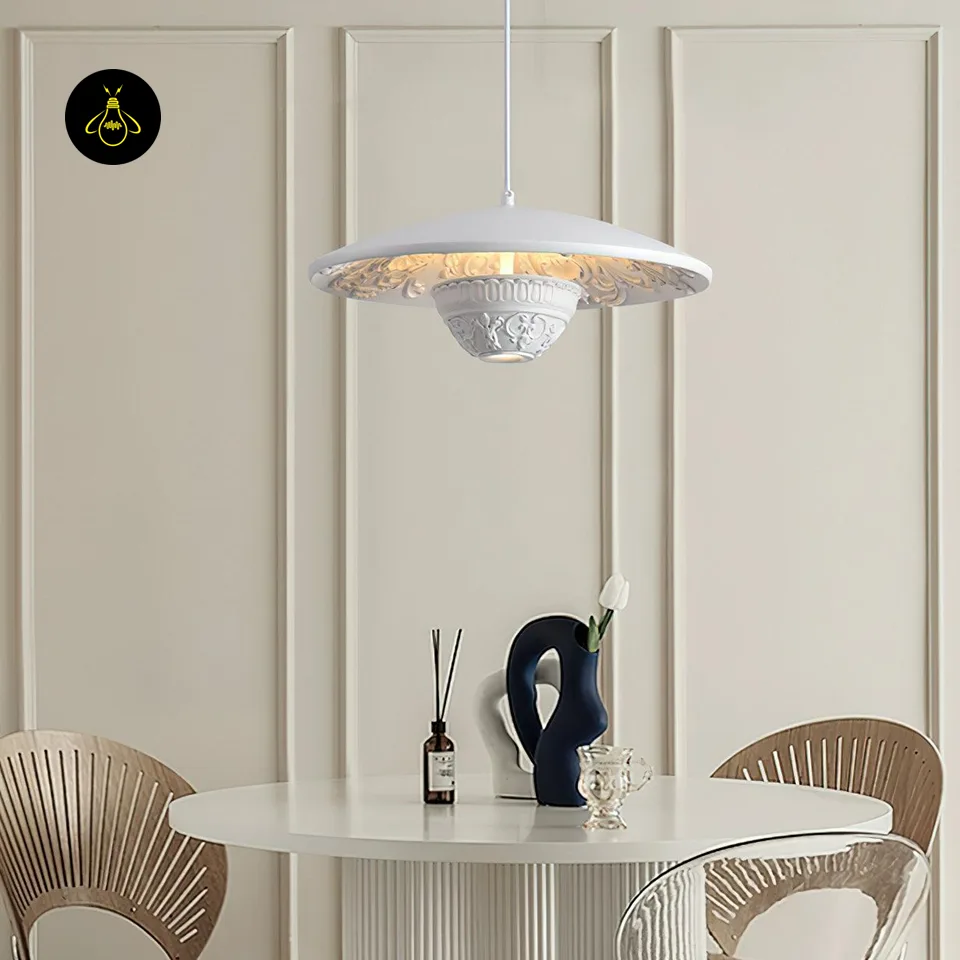 Resin Pendant Light – White Flying Saucer Disc, 35 cm 5 Resin pendant light glowing warm white over a round dining table, carved underside lit