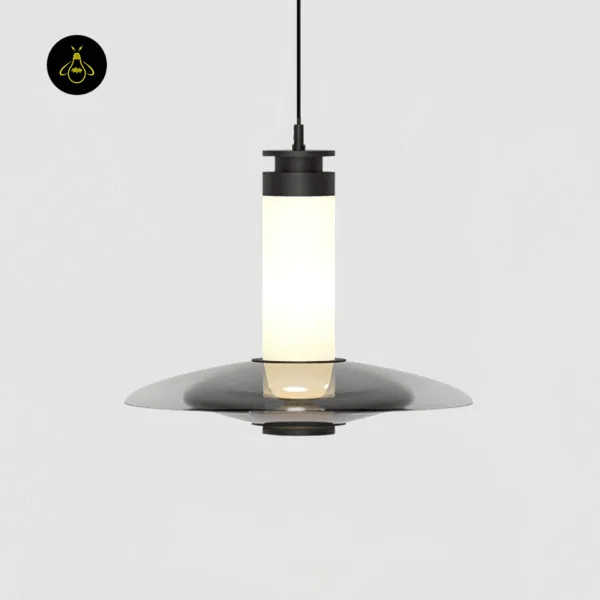 Black glass hanging light, Model B, glowing warm white through its opal borosilicate glass tube