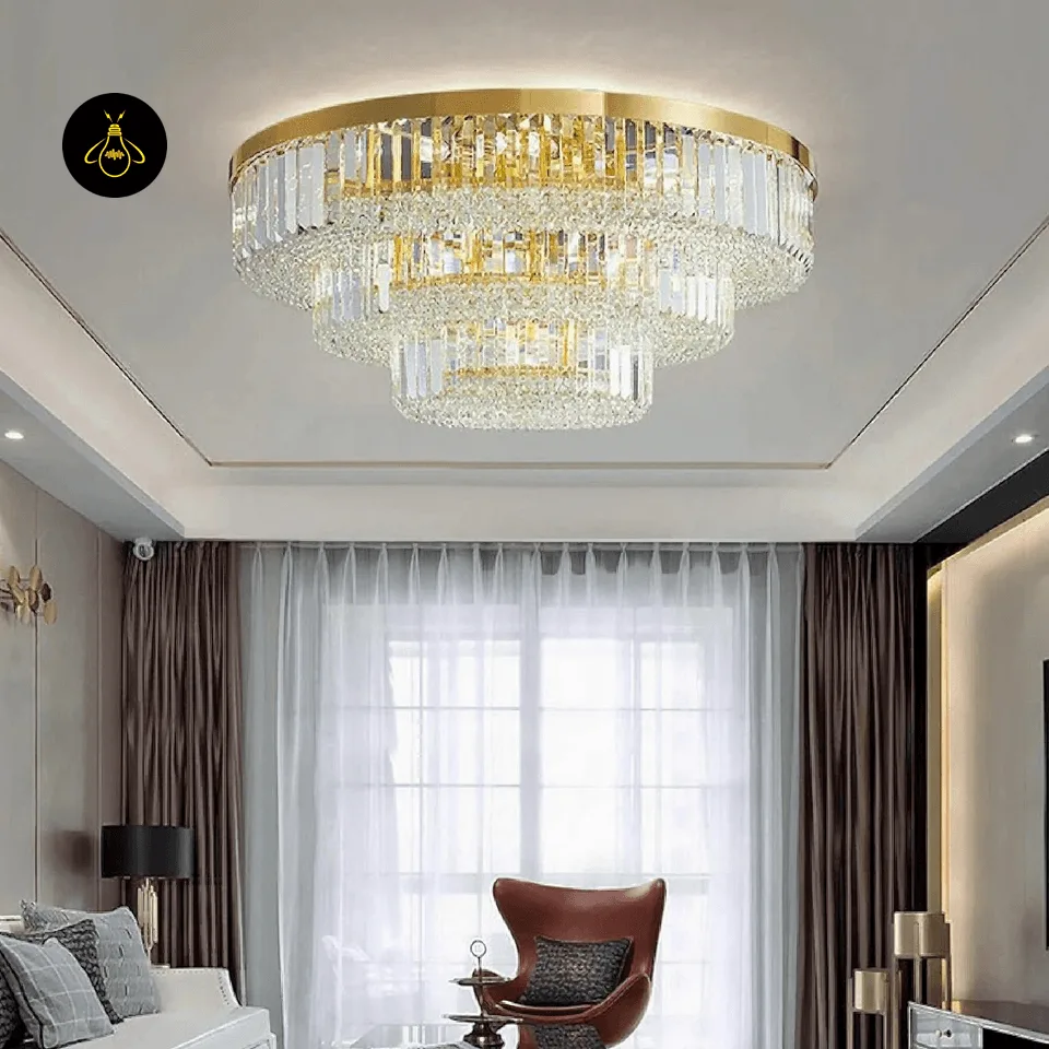 Crystal Ceiling Chandelier – Round Flush-Mount K9, 6 Sizes 15 Crystal flush-mount ceiling chandelier casting warm ambient light in a dining room