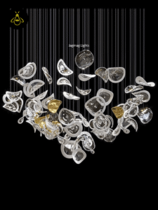 Modern glass jhumar with gold-leaf accent petals and clear glass leaves for a dining room