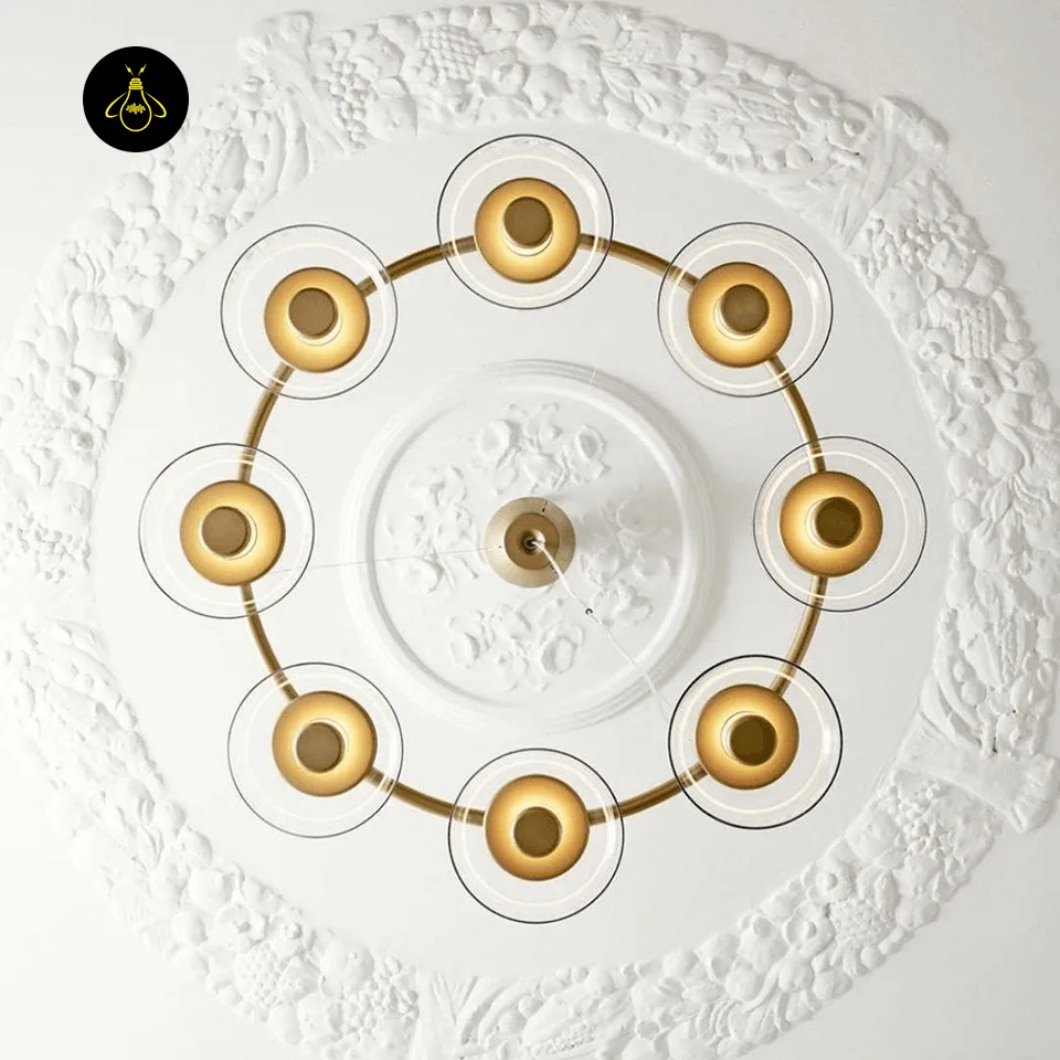Glass Dome Chandelier – 8-Light Brass LED Ring, 100 cm 5 Glass dome chandelier lighting a small living room with warm LED glow