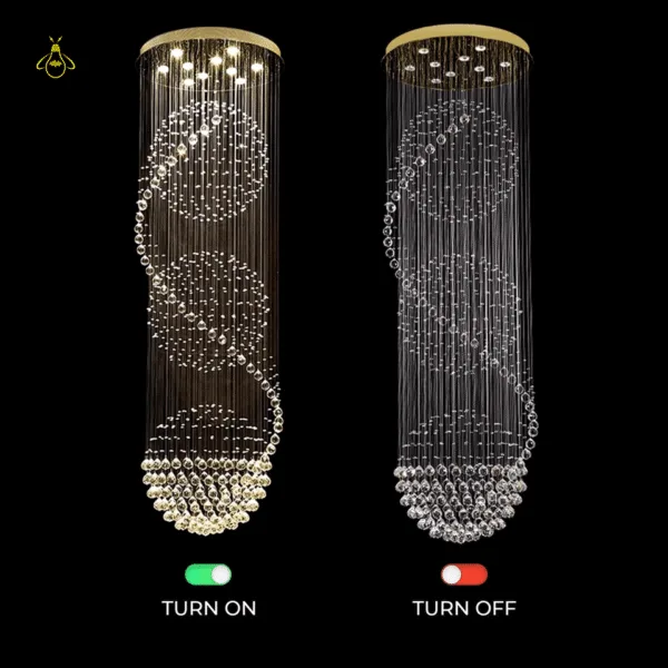 Long spiral crystal chandelier with double-spiral K9 crystal strands for stairwells and double-height rooms