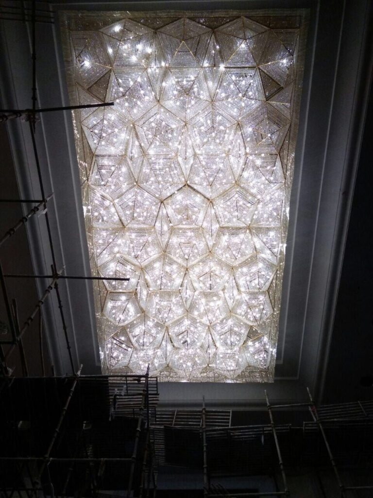 Large geometric crystal ceiling installation at Zestin Luminary Sahibabad