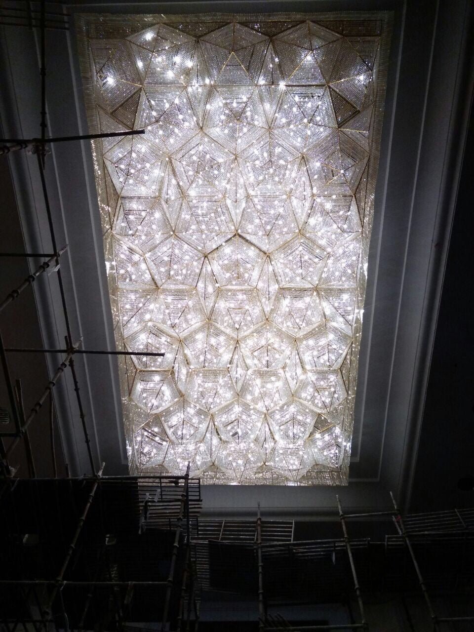 Large geometric crystal ceiling installation at Zestin Luminary Sahibabad