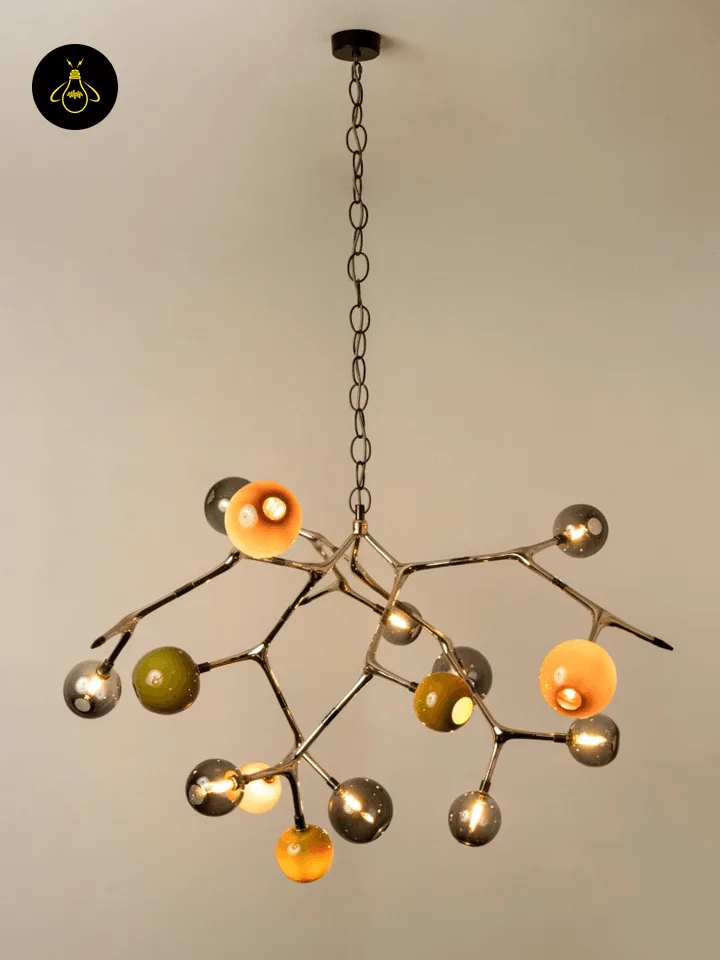 Cluster Chandelier – 15-Light Glass Globe Bronze Branch Design, 140 cm 2 Glass globe cluster chandelier lit warmly in a double-height living room