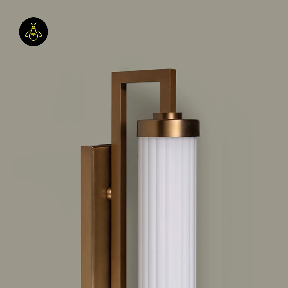 Fluted Glass Vanity Light – Satin Brass Tube Sconce, 45 cm 3 Satin brass tube wall sconce side profile showing the open rectangular frame and 12.2 cm wall projection