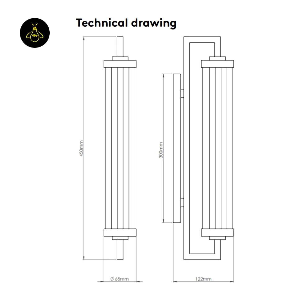 Fluted Glass Vanity Light – Satin Brass Tube Sconce, 45 cm 5 Fluted glass vanity light technical drawing: 45 cm height, 6.5 cm shade diameter, 12.2 cm wall projection