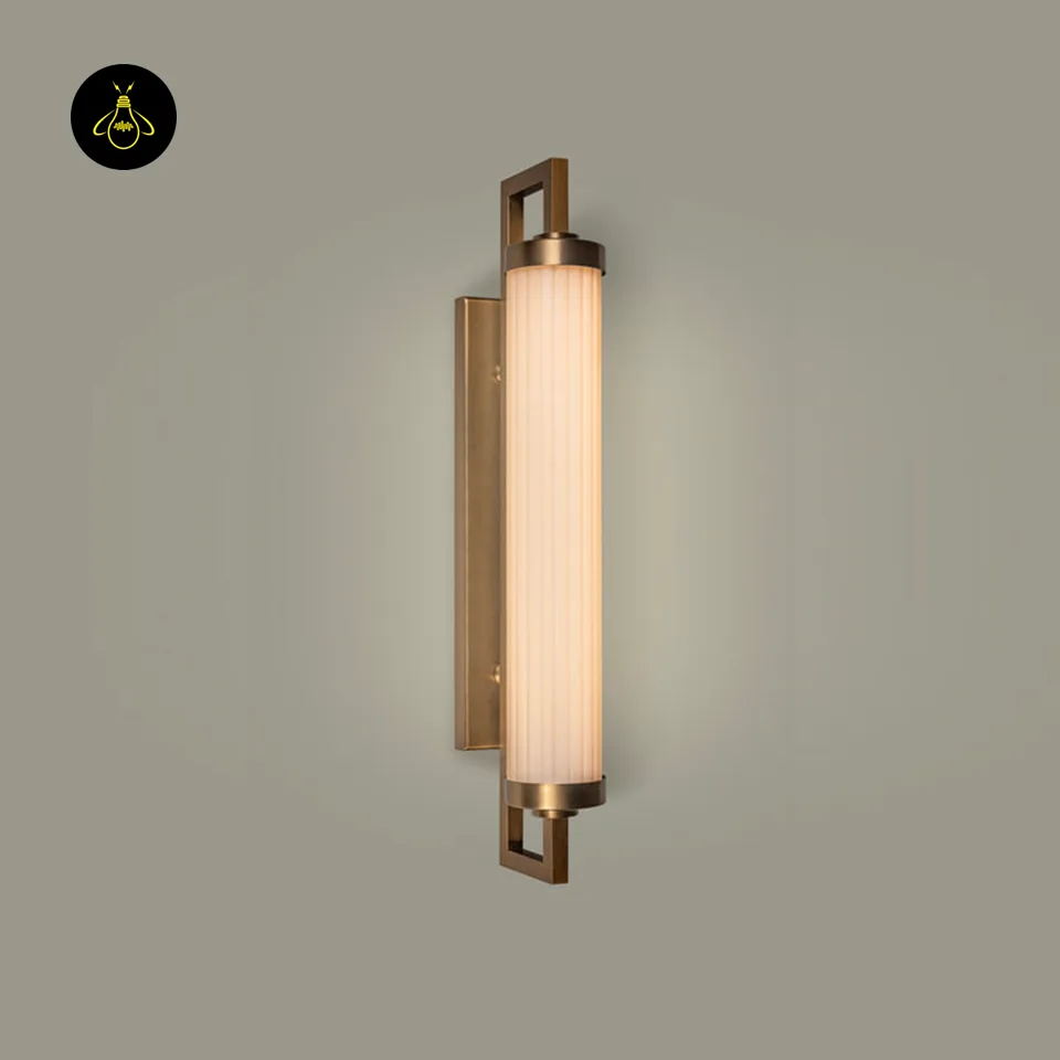 Fluted Glass Vanity Light – Satin Brass Tube Sconce, 45 cm 2 Fluted glass vanity light glowing warm white through its opal tube shade