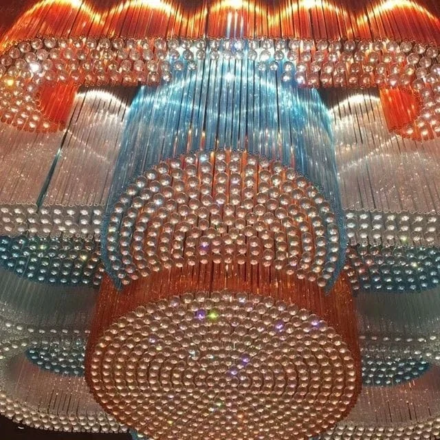 Wide view of the Bangalore multi-colored chandelier with dense circular crystal layering