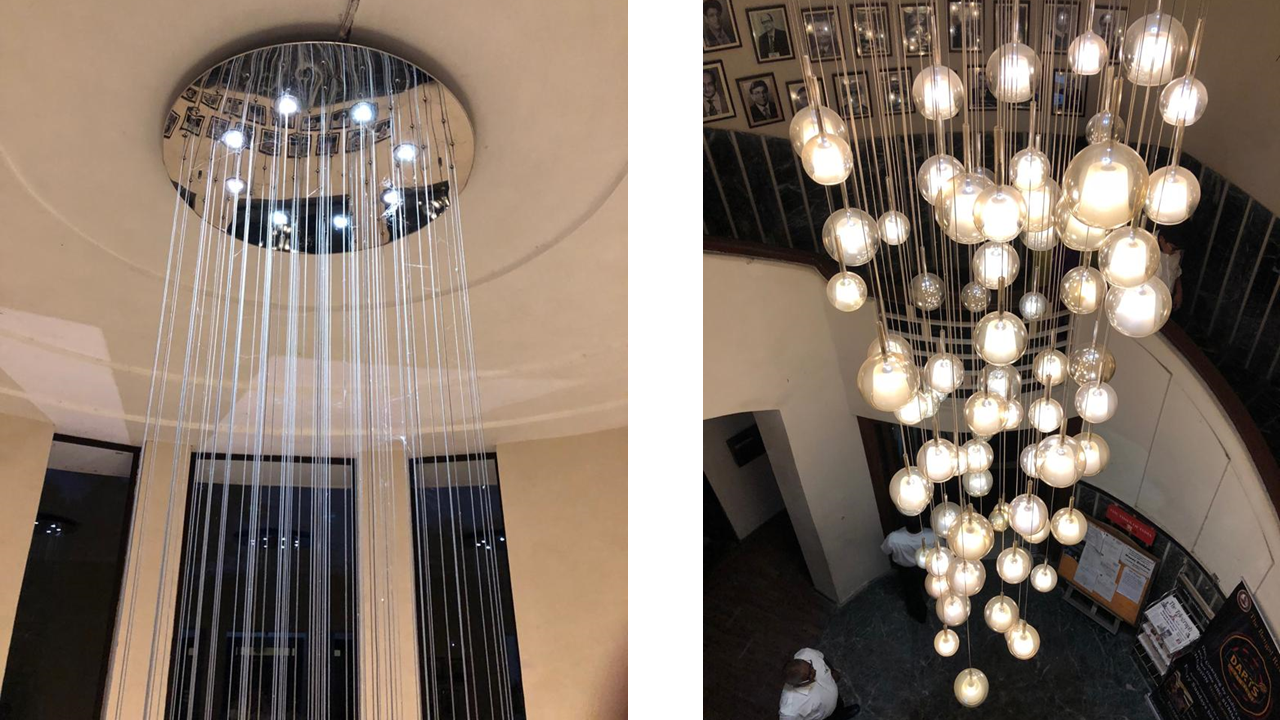 Cascading globe chandelier installed in the DPS Siliguri school atrium
