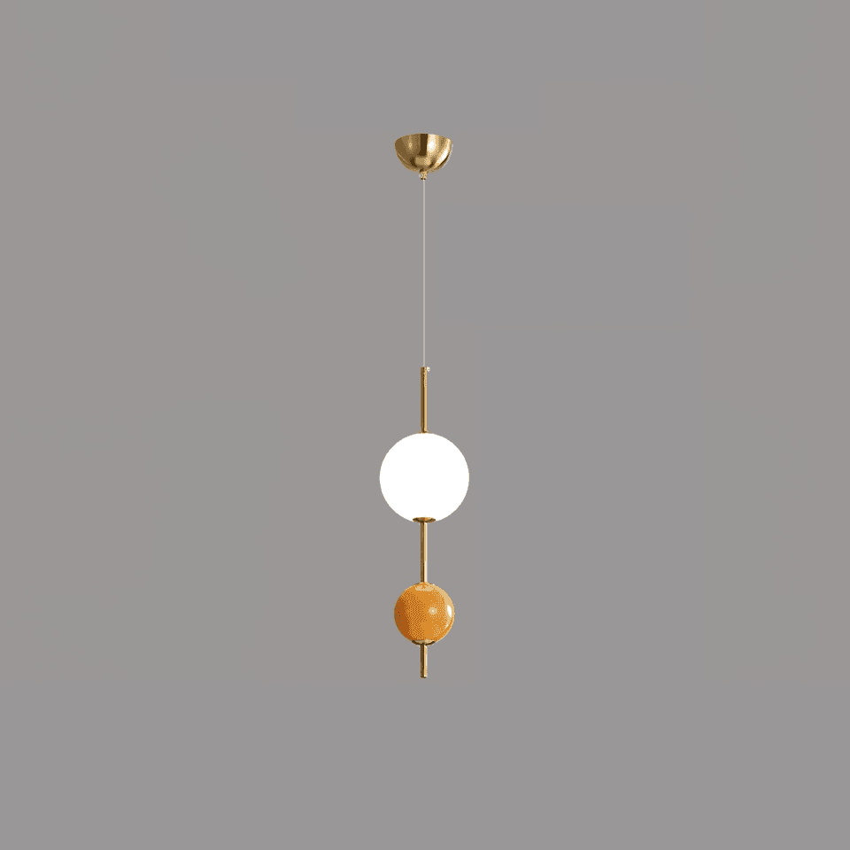 Glass Ball Pendant Light – Gold & Orange Two-Globe Drop, 50 cm | JagMag Lights 2 Modern glass ball pendant light with two stacked glass globes on a slim gold stem