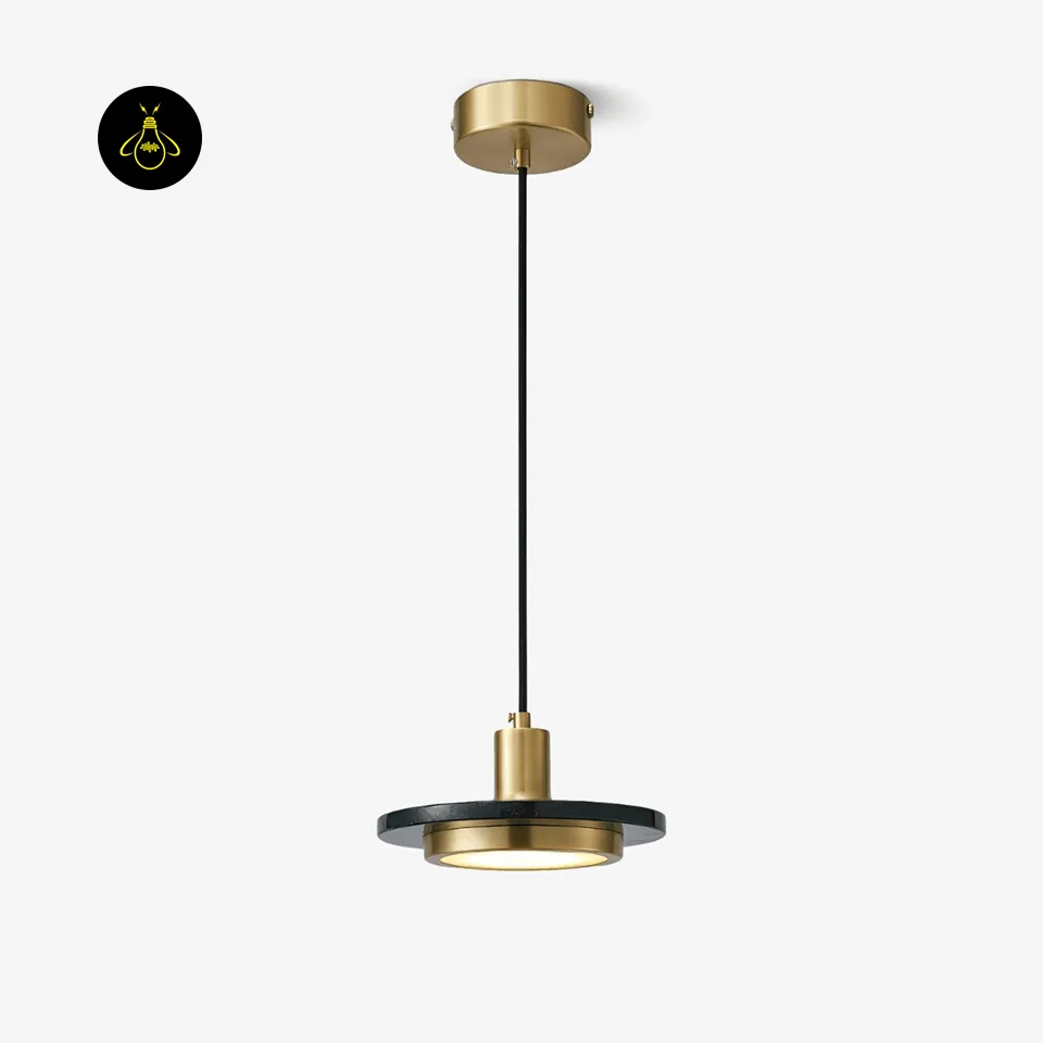 Black Marble Pendant Light – Double Circle Gold LED Drum, 20 cm 2 Black marble pendant light hanging from a round gold ceiling canopy on a black cord