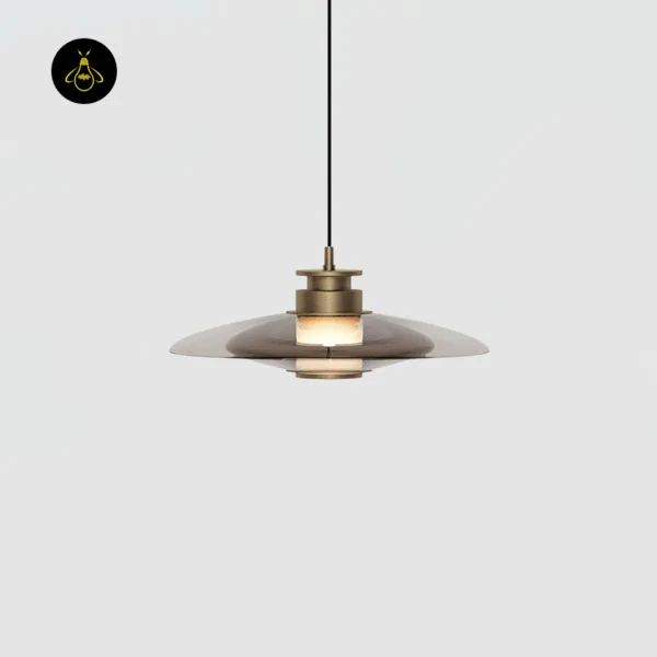 Gold-lustre borosilicate glass hanging light, Model A, with a smoked borosilicate glass disc lit warm white