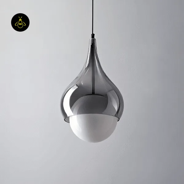 Hanging bedside light switched off: smoked borosilicate glass teardrop shell with the opal globe inside