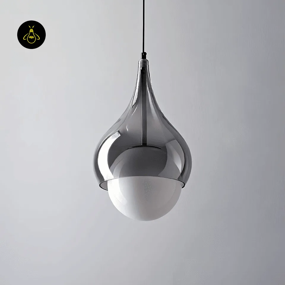 Smoked Glass Teardrop Pendant Light – 20 cm Hanging Bedside Light with Opal Globe 2 Hanging bedside light switched off: smoked borosilicate glass teardrop shell with the opal globe inside
