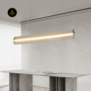 Cylindrical linear LED chandelier with ribbed acrylic discs for a kitchen island
