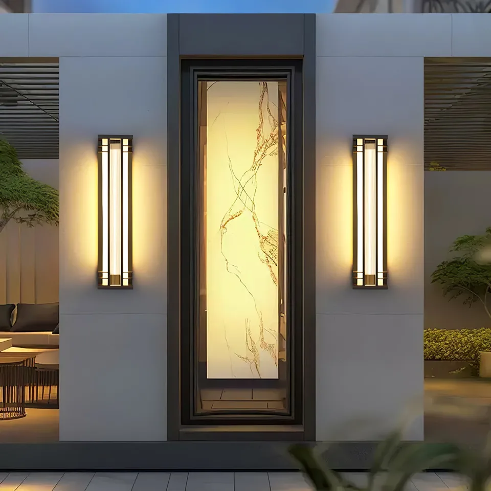 Outdoor Wall Sconce – 70 cm Tall Black & Brass IP65 LED Light 7 Pair of outdoor wall sconces flanking an entryway door with warm light