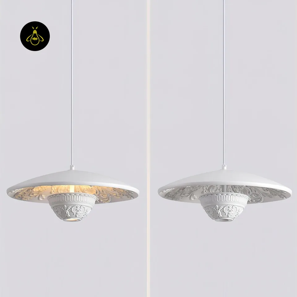 Resin Pendant Light – White Flying Saucer Disc, 35 cm 2 Modern resin pendant light in matte white, flying-saucer disc with ornate carved relief
