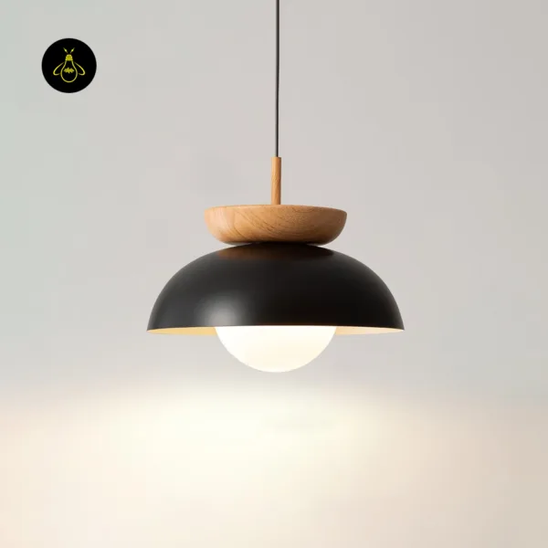 Lit dome pendant light with teak collar and matte black shade, opal borosilicate glass globe glowing warm against a pale wall